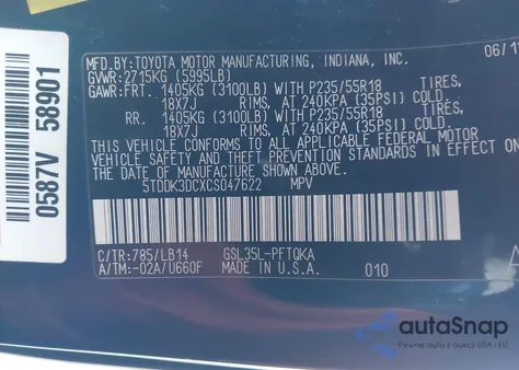 2012 Toyota Sienna Xle 7 Passenger z USA, uszkodzony, nr VIN 5TDDK3DCXCS047622